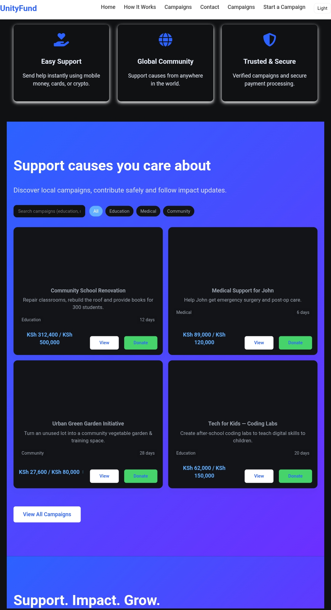 UnityFund – Dual Theme Crowdfunding Platform
